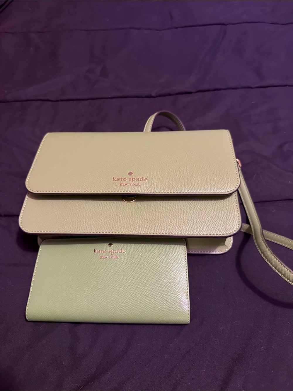 kate spade light olive green saffiano crossbody with matching wallet